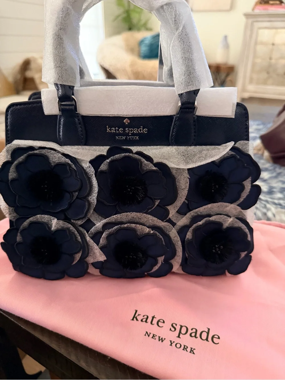 💙kate spade navy floral applique satchel with top handles